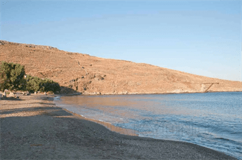 Άποψη της Παραλίας Μαρτινάκια Κύθνου. Χαρακτηριστικό της παραλίας Κύθνου η άμμος και τα αλμυρίκια που προσφέρουν φυσική σκιά.